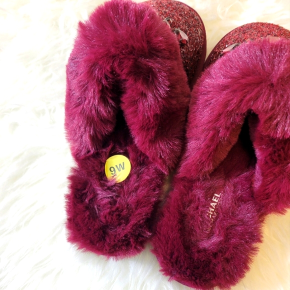 NEW Michael Kors "Taj" Jeweled Glitter Faux Fur Mule Slippers Lounge Burgundy 9 - Picture 7 of 9